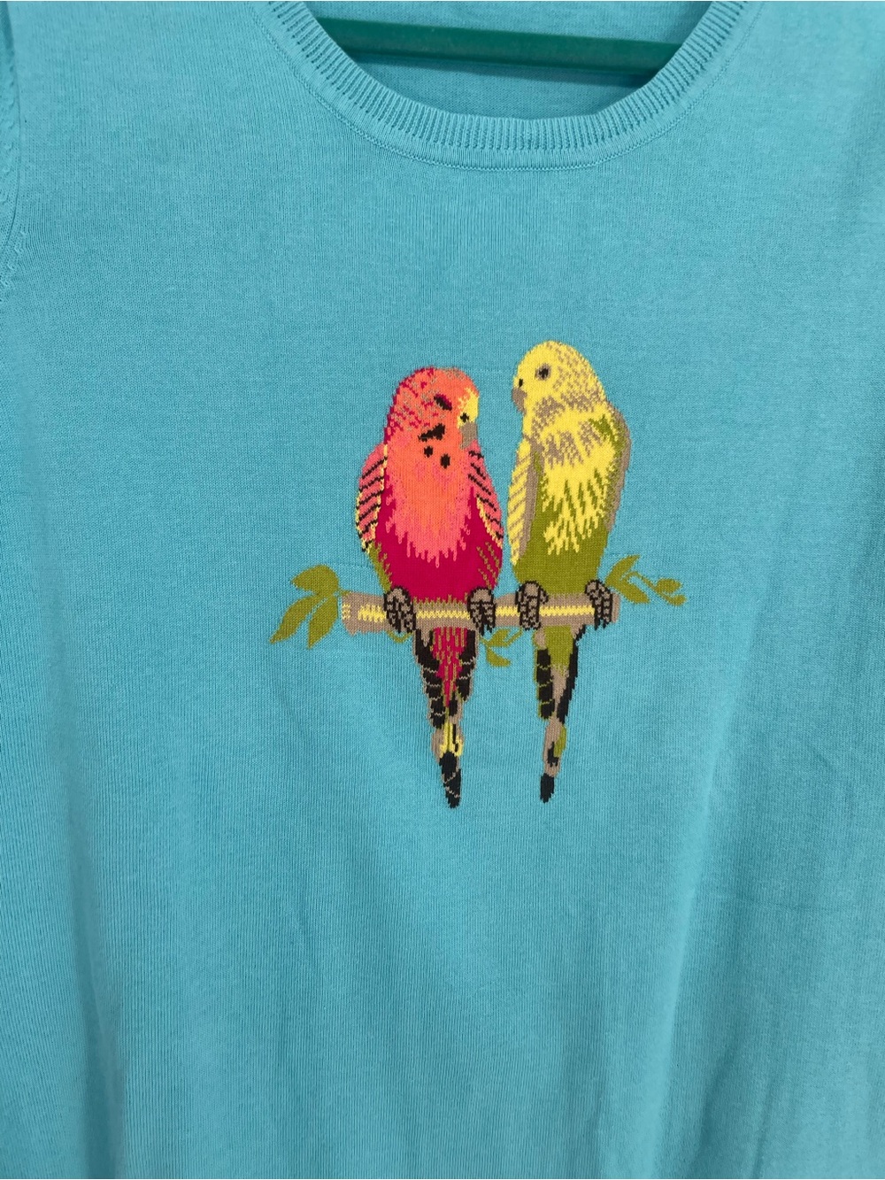 Talbots Novelty Parakeet Bird Short Sleeve Knit Blue Crew Neck Sweater - Picture 4 of 7